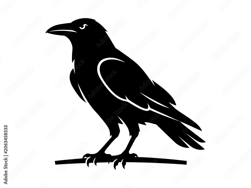 Obraz premium A minimalist black silhouette of a raven perched on a branch.