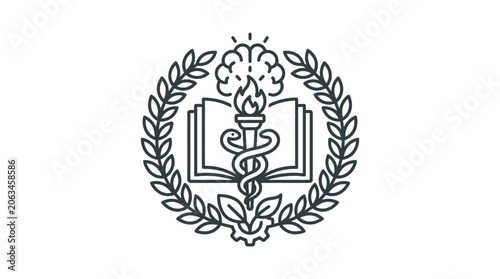 Academic medical crest with brain and caduceus symbol.