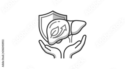 Hands holding liver with protection shield and leaf icon.