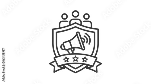 Health advocacy shield icon with megaphone and community.