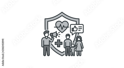 Health advocacy icon featuring shield, heartbeat, and social symbols.