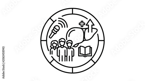 Healthcare awareness icon with communication and community symbols.