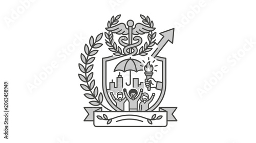 Healthcare emblem with caduceus and city skyline.