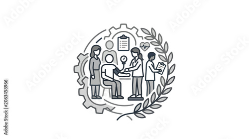 Healthcare system icon with medical staff and gears.