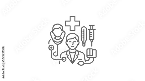 Healthcare professional surrounded by medical service icons.