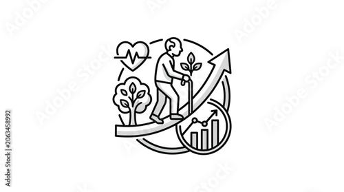 Healthy aging icon with senior man and growth arrow.