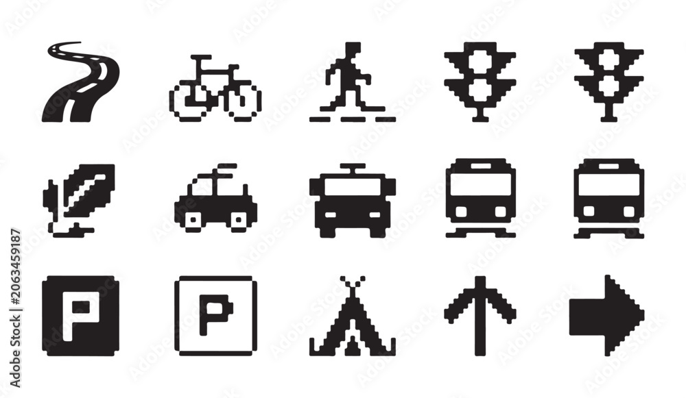 Fototapeta premium Pixel icons for road transport people parking and signs vector collection.