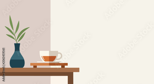 Tableau sur toile A minimalist vector illustration features a blue vase with green leaves and a cup of tea on a wooden table against a simple two-toned background