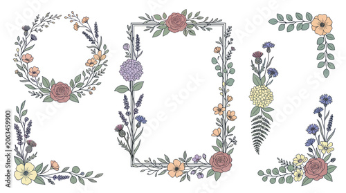 Floral Wreaths and Borders - Delicate Hand-Drawn Flower Arrangements