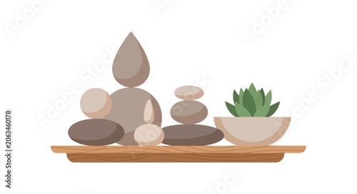 Canvas Print A minimalist spa-themed vector graphic depicts stacks of balanced stones and a potted succulent plant resting on a simple wooden shelf