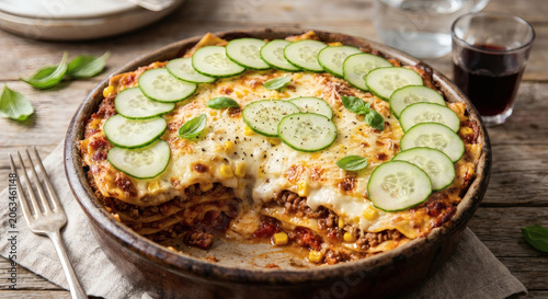 Meat lasagna with cucumber topping