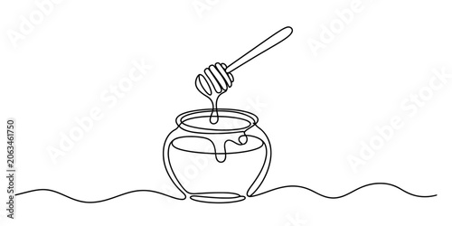 Foto Honey pot and wooden dipper continuous line drawing