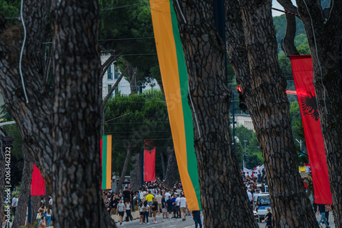 Tirana, Albania - 03 June 2026: View of a large crowd of people gathered for a protest on a city street lined with trees and Albanian national flags.