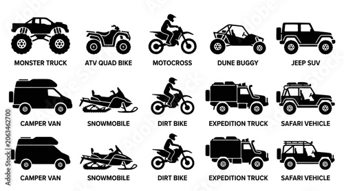 Tableau sur toile Collection of various off-road and recreational vehicles including monster trucks, ATVs, dirt bikes, dune buggies, and SUVs