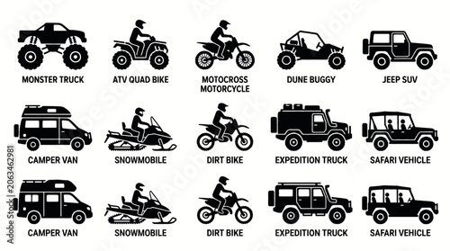 Obraz na plátně Collection of various off-road and recreational vehicles, including monster trucks, ATVs, dirt bikes, and expedition vehicles