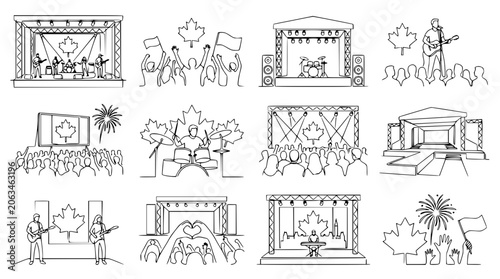 Fotografía Canadian Music Festival Stage Drawings: Bands, Crowds, Flags, and Maple Leafs