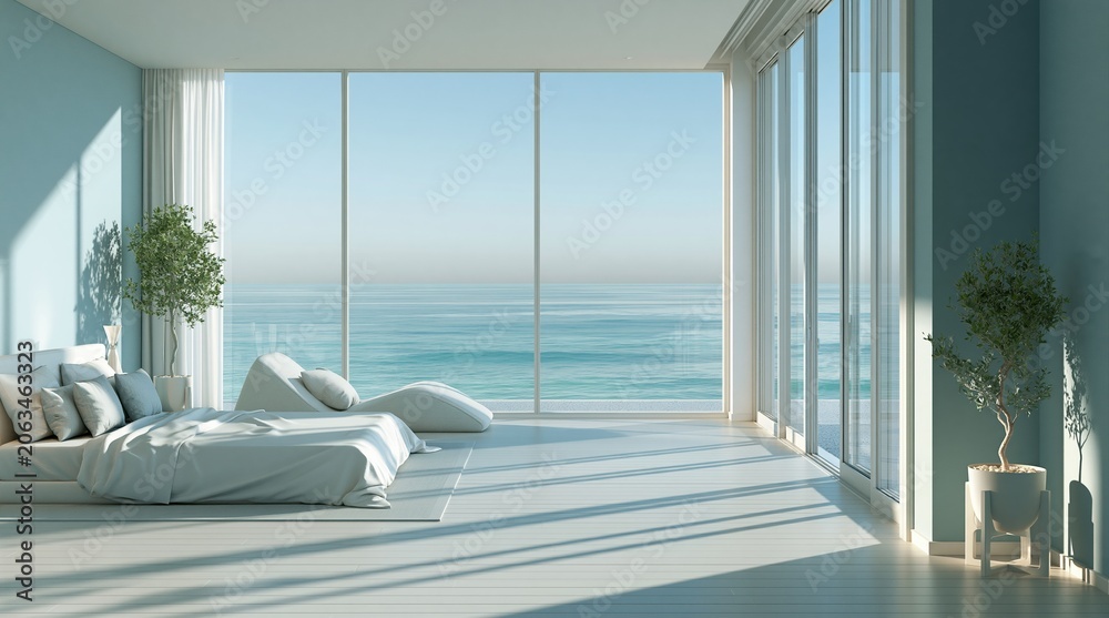Obraz premium Modern bright bedroom with ocean view and minimalist interior