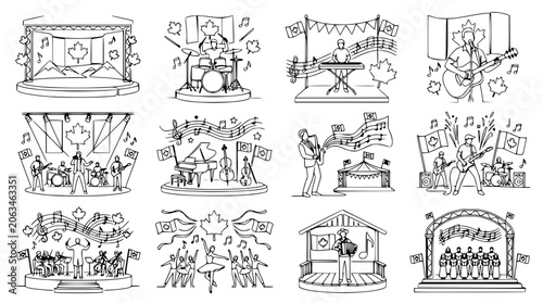 Cuadro en lienzo Canadian Music Festival Icons: Live Bands, Musicians, Dancing, Drums, Guitar, Pi