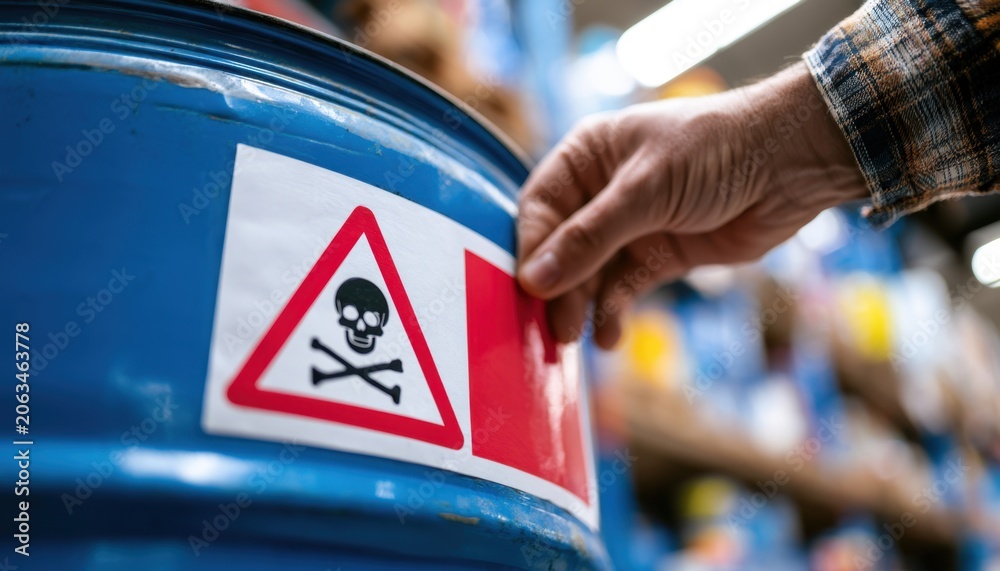 Fototapeta premium Hand applying a toxic warning label with a skull and crossbones symbol to a blue industrial chemical drum in a warehouse