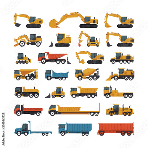 Colorful cartoon construction vehicles and heavy machinery on white Keywords: excavator, digger