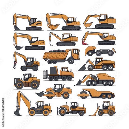 Detailed illustrations of yellow and orange construction vehicles Keywords: excavator, digger