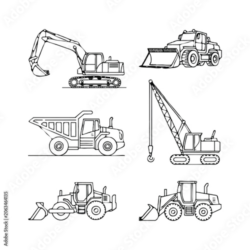 Construction Equipment Line Drawings Excavator Loader Dump Truck Crane Roller Keywords