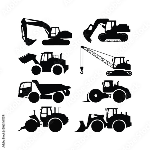 Construction Equipment Silhouettes Excavator Loader Dump Truck Crane Roller Keywords