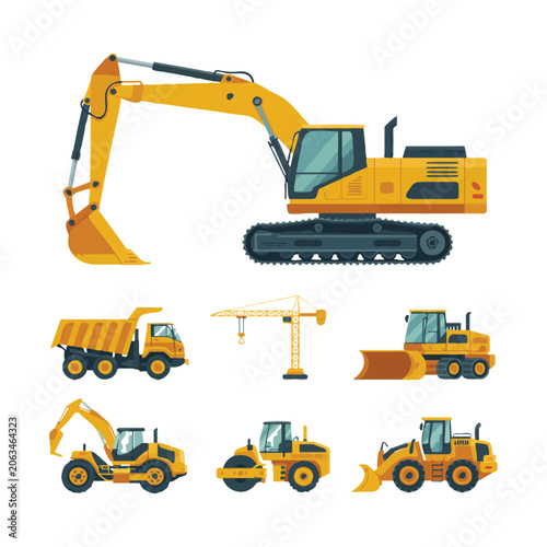 Collection of yellow construction vehicles and equipment on white excavator dump truck