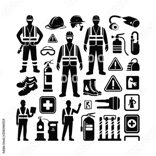 Black silhouette icons of construction workers and safety equipment safety helmet safety vest