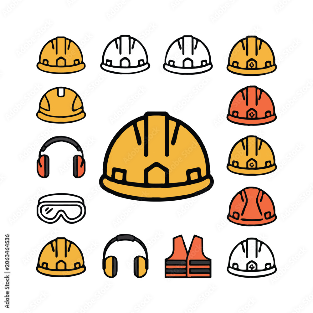 Fototapeta premium Colorful construction safety equipment icons arranged around a central hard hat Keywords: hard
