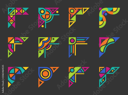 Vibrant geometric L-shaped corner decoration set featuring colorful ethnic tribal patterns and abstract symmetric shapes for creative border design