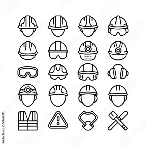 Collection of industrial safety equipment line art icons on white background Keywords: safety