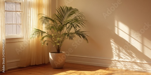 Indoor room corner with a tall green palm plant in a white plant, sunlight casting shadows from a window with sheer curtains on a beige wall and wooden floor