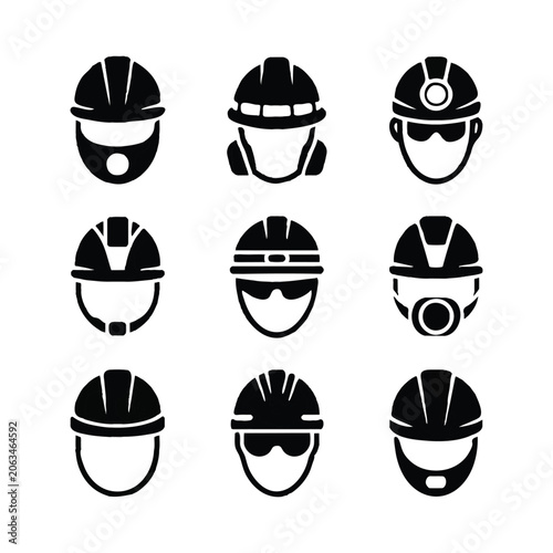 Black silhouette icons of construction worker helmets and faces on white Keywords: hard hat