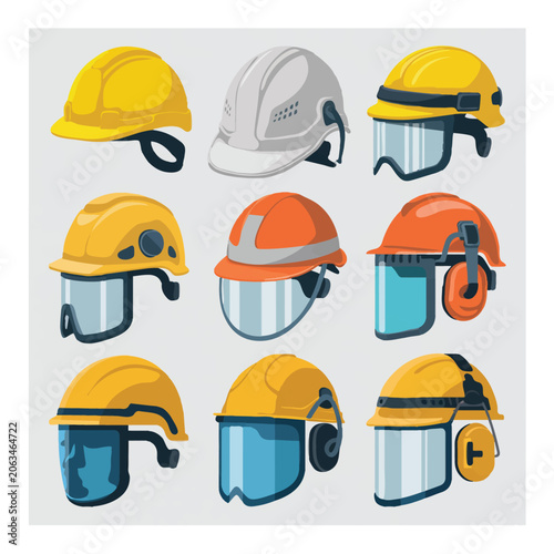 Collection of nine safety helmets with face shields and ear protection hard hat construction helmet