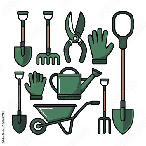 Assortment of green gardening tools and equipment on a white background garden equipment shovel