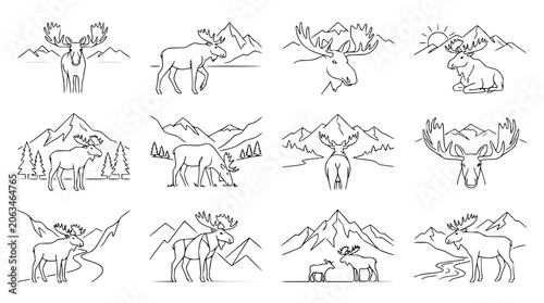 Canvas-taulu Moose Line Art Collection: Wildlife Antlered Animals in Mountain Scenery