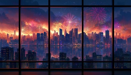 Colorful fireworks over city skyline through window at night