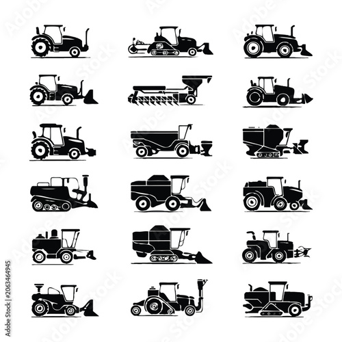 Collection of black silhouette agricultural machinery icons on white background Keywords