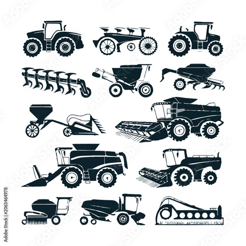 Set of dark blue silhouette agricultural machinery and equipment icons Keywords: tractor, combine