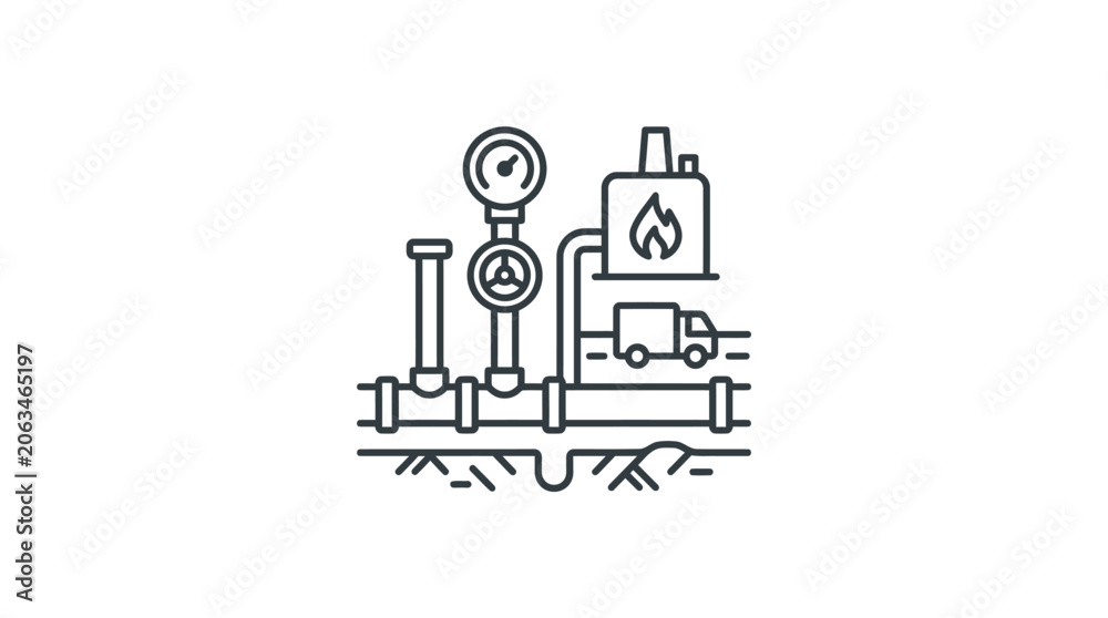 Obraz premium Oil pipeline and fuel storage tank line art icon.