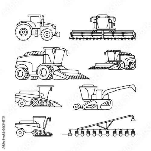Collection of agricultural machinery line art icons on white background tractor combine harvester