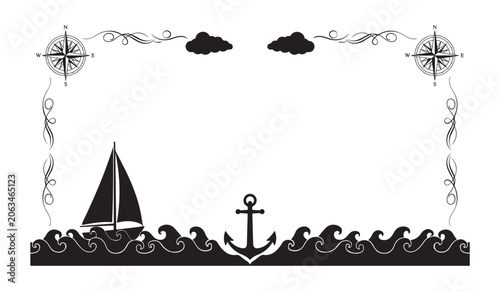 Photography Nautical themed border frame featuring sail boat anchor waves clouds and compass rose icons