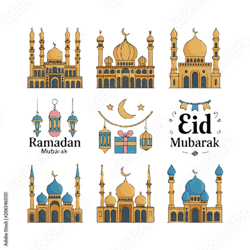 Hand-drawn Islamic mosques and festive elements for Ramadan and Eid Islamic architecture