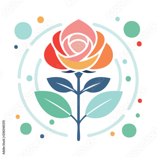 Flat Design Rose Flower with Leaves and Decorative Elements