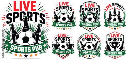 Tableau sur toile Vintage live sports pub badges, retro soccer bar labels with beer bottles and fo