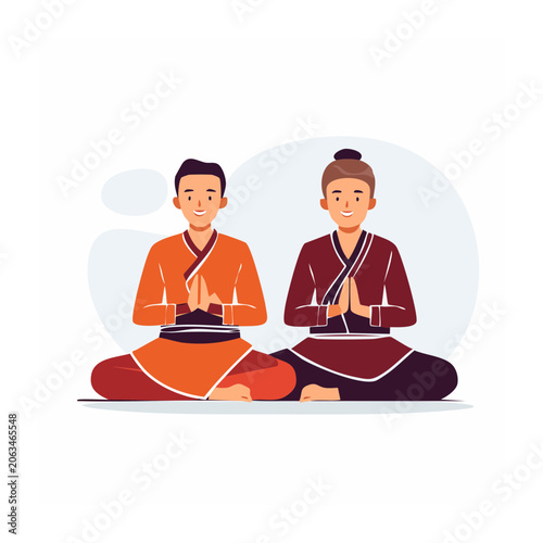 Two people meditating in prayer pose illustration