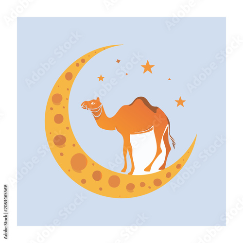 Camel on Crescent Moon with Stars Illustration