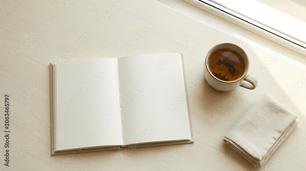 A serene morning scene with an open book, steaming coffee cup, and folded napkin on a table by the window.