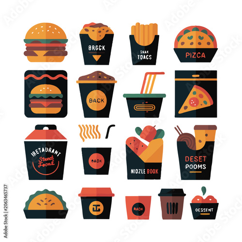 Collection Of Fast Food And Street Food Icons In Flat Design Keywords: food, fast food, street